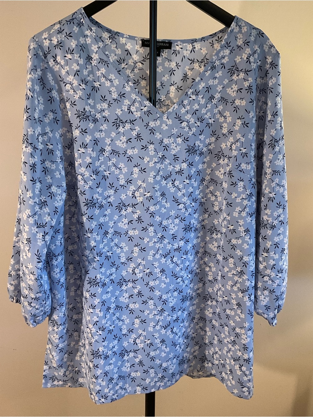 Mario Serrani Light Blue Floral Long Sleeve V-Neck Tunic Top Size Lg